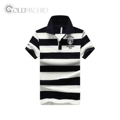 Hot Style Dark Blue Turndown Stripe Organic Cotton T Shirt Polo For Men 100% Cotton